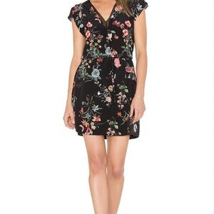 Rebecca Taylor 100% Silk Black Meadow Floral Mini Dress W/ Cinch Waist